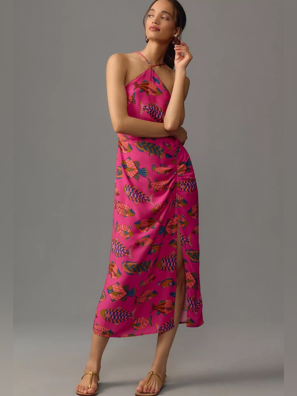 NWT Farm Rio Anthropologie Halter Midi Dress Marine Sea Aquatic Fish Pink Size S